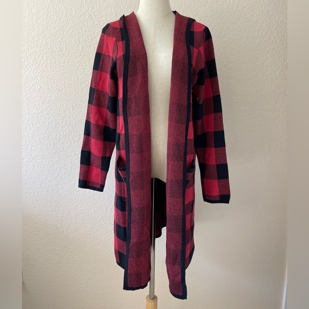 PBIN#2 - DENIM&CO Women’s Large Red/Black Open Front Hooded Cardigan